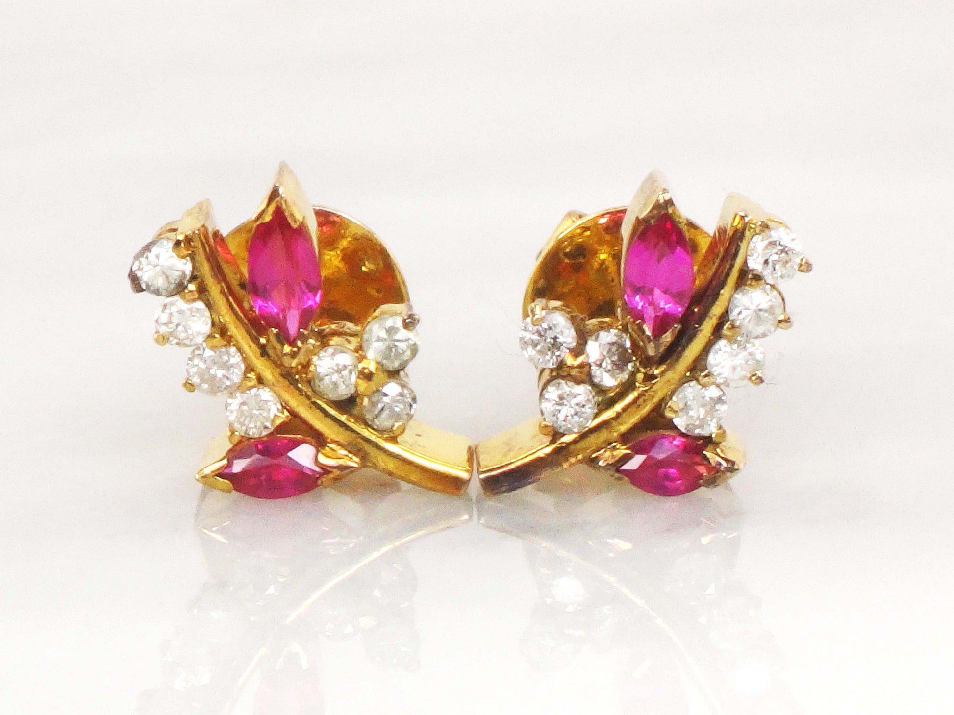 Vintage 14k Yellow Gold Ruby Diamond Floral Stud Earrings