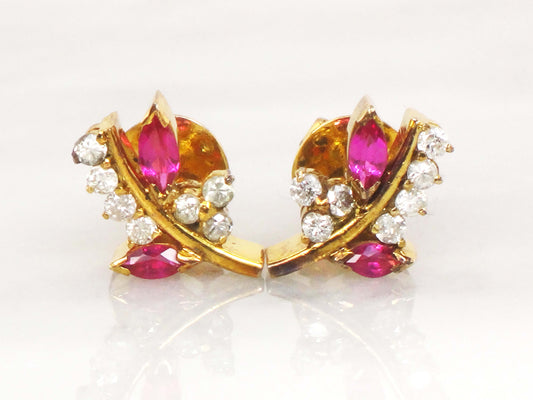 Vintage 14k Yellow Gold Ruby Diamond Floral Stud Earrings