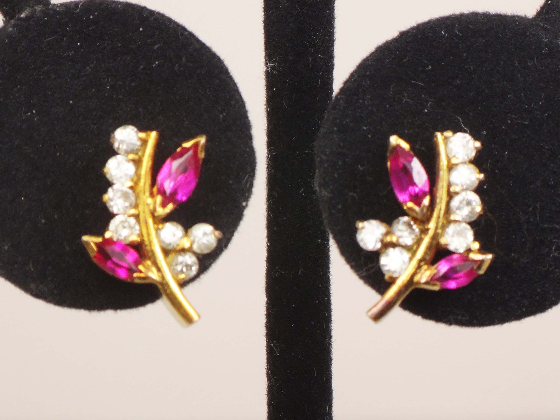 Vintage 14k Yellow Gold Ruby Diamond Floral Stud Earrings