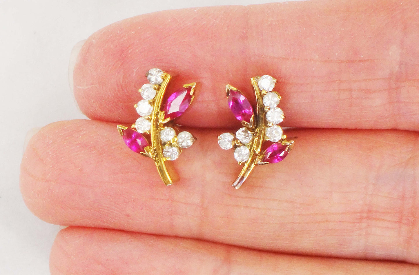 Vintage 14k Yellow Gold Ruby Diamond Floral Stud Earrings