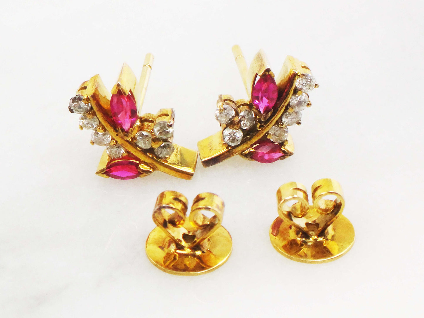 Vintage 14k Yellow Gold Ruby Diamond Floral Stud Earrings