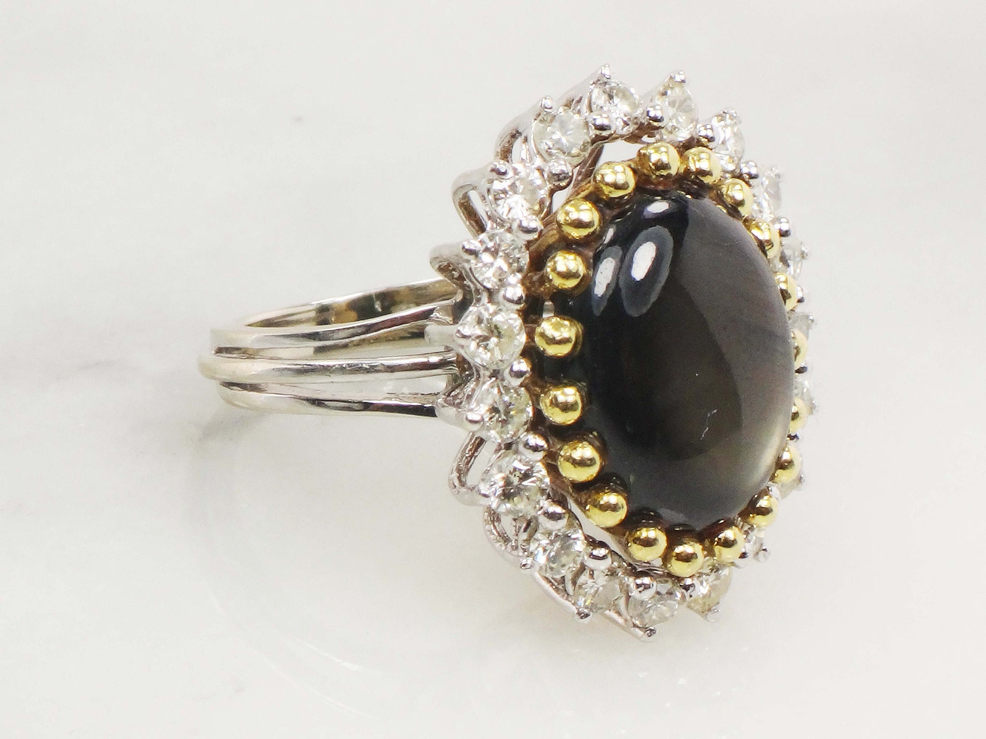 Vintage Black Star Sapphire Ring: Diamond Halo, 14k Two-Tone Gold, Size 5.25