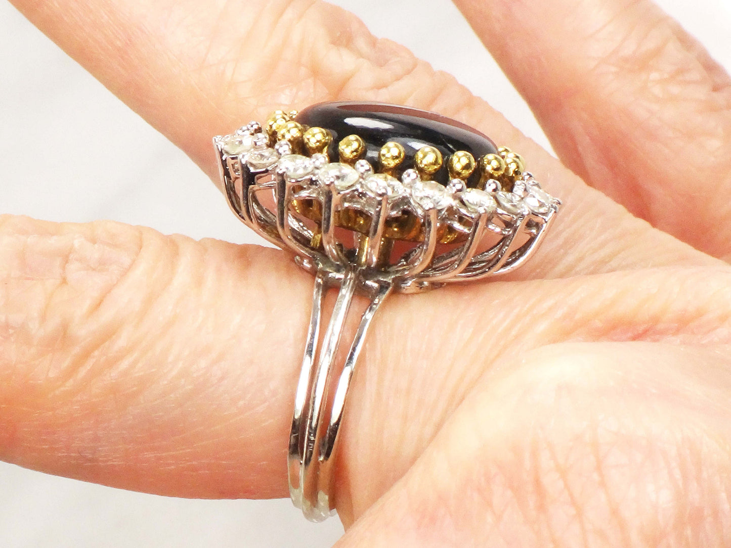 Vintage Black Star Sapphire Ring: Diamond Halo, 14k Two-Tone Gold, Size 5.25