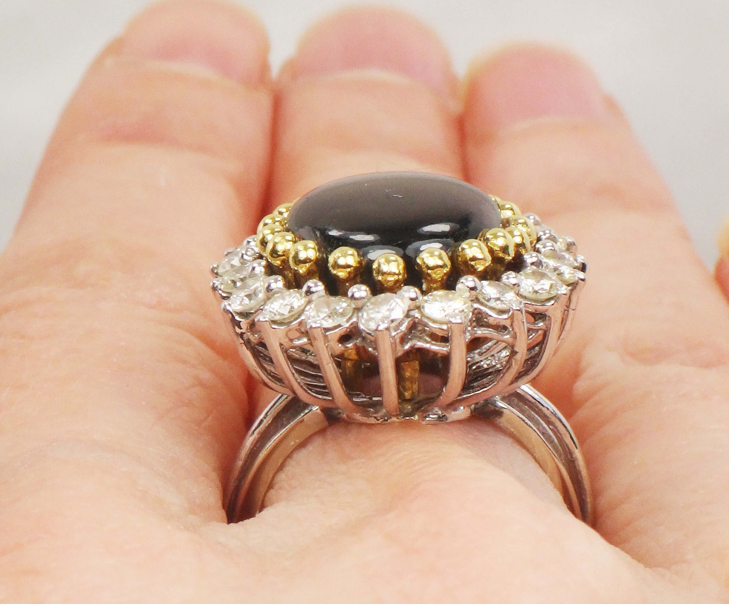 Vintage Black Star Sapphire Ring: Diamond Halo, 14k Two-Tone Gold, Size 5.25