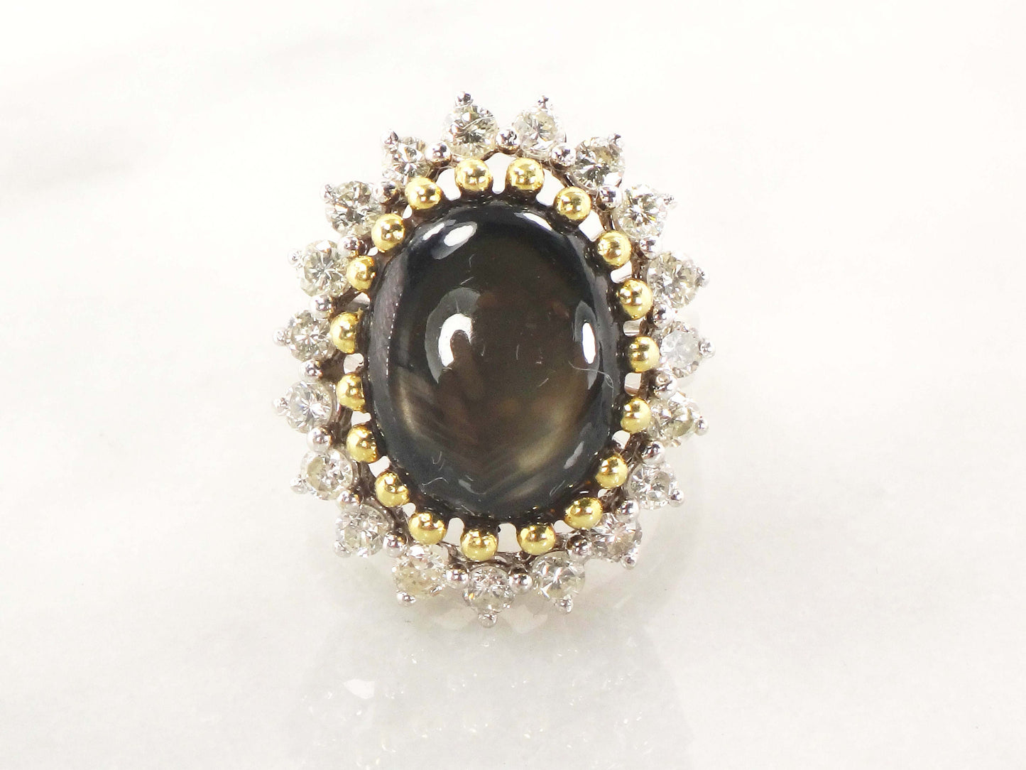 Vintage Black Star Sapphire Ring: Diamond Halo, 14k Two-Tone Gold, Size 5.25