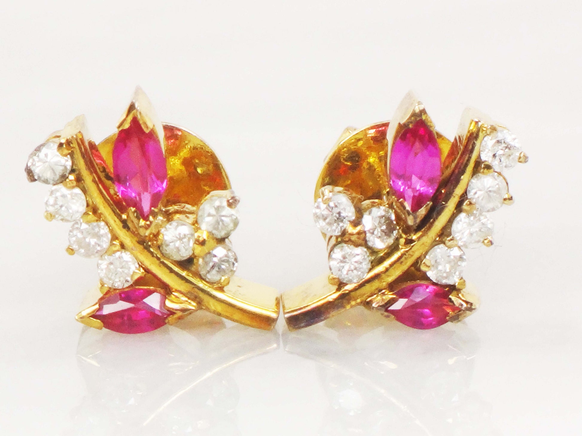 Vintage 14k Yellow Gold Ruby Diamond Floral Stud Earrings