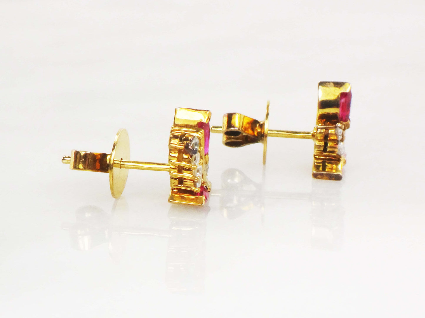 Vintage 14k Yellow Gold Ruby Diamond Floral Stud Earrings
