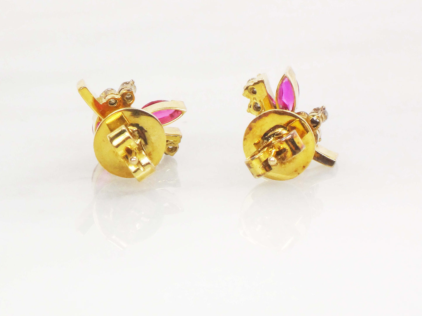 Vintage 14k Yellow Gold Ruby Diamond Floral Stud Earrings