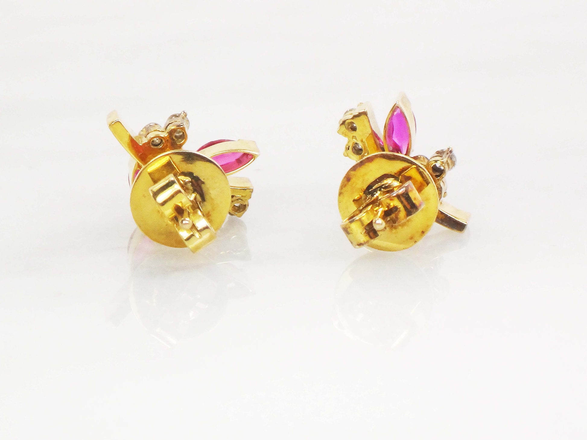 Vintage 14k Yellow Gold Ruby Diamond Floral Stud Earrings