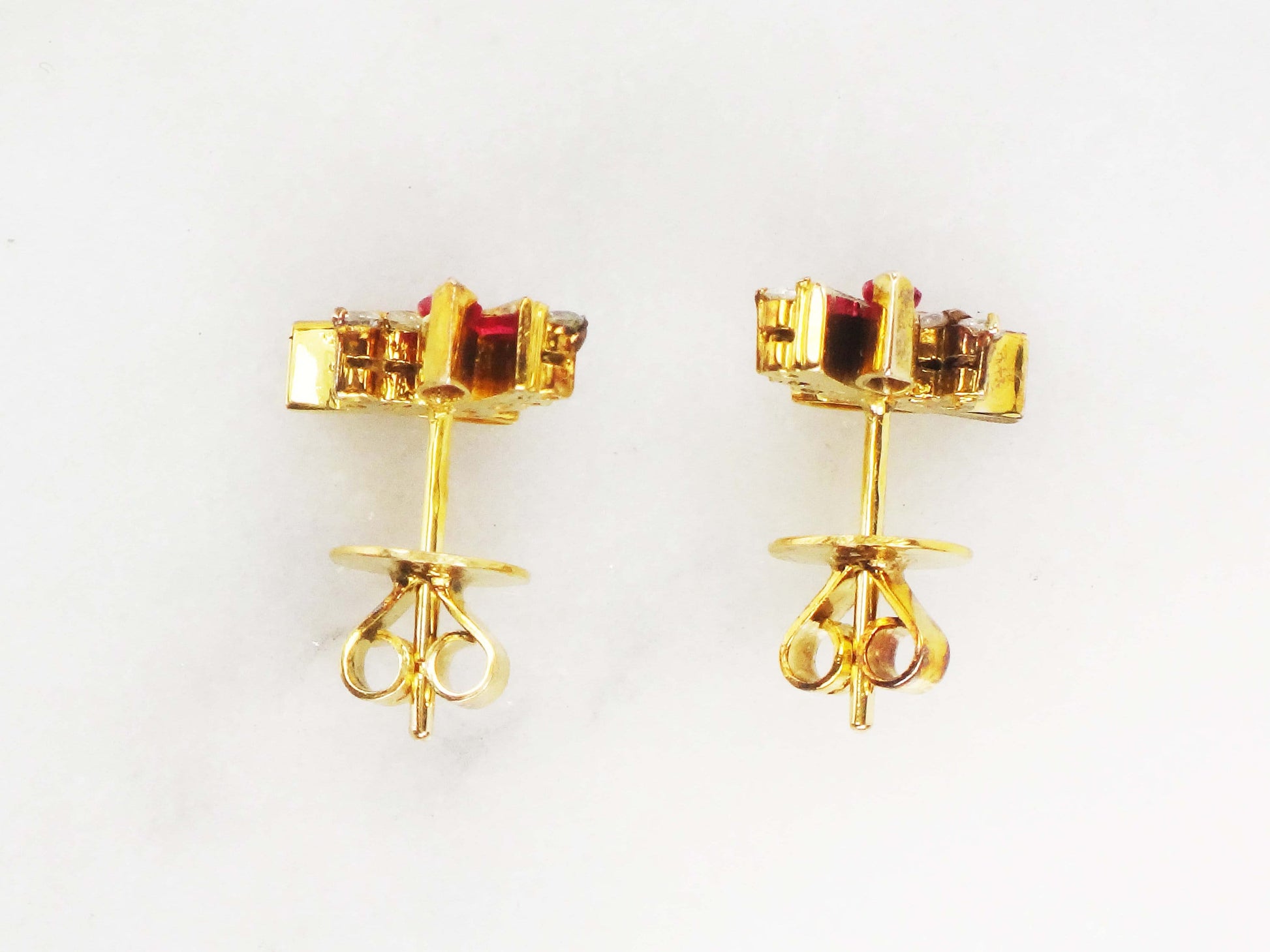 Vintage 14k Yellow Gold Ruby Diamond Floral Stud Earrings