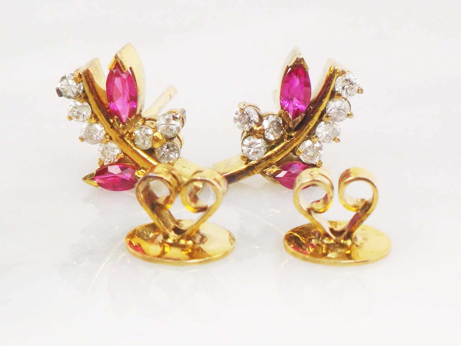 Vintage 14k Yellow Gold Ruby Diamond Floral Stud Earrings