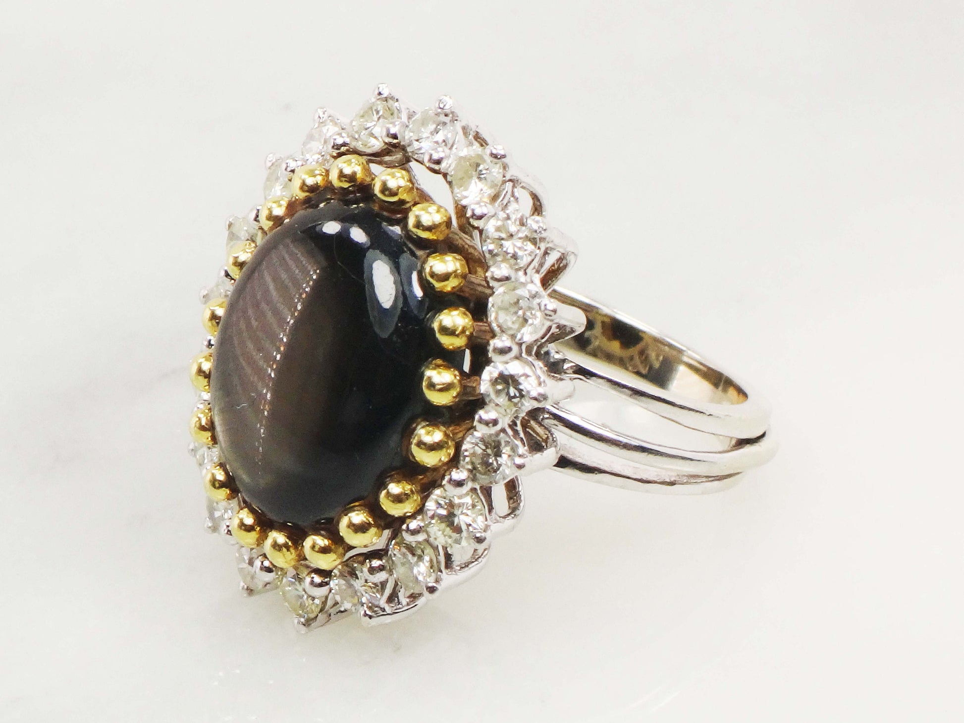 Vintage Black Star Sapphire Ring: Diamond Halo, 14k Two-Tone Gold, Size 5.25
