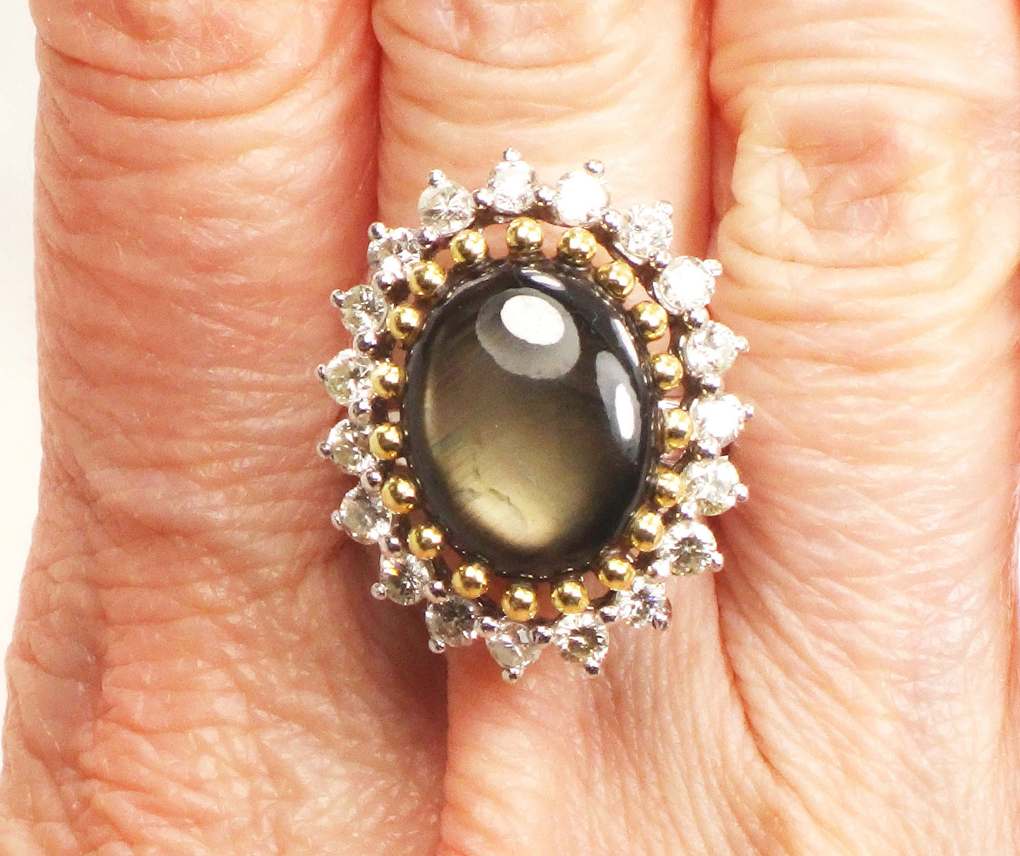 Vintage Black Star Sapphire Ring: Diamond Halo, 14k Two-Tone Gold, Size 5.25