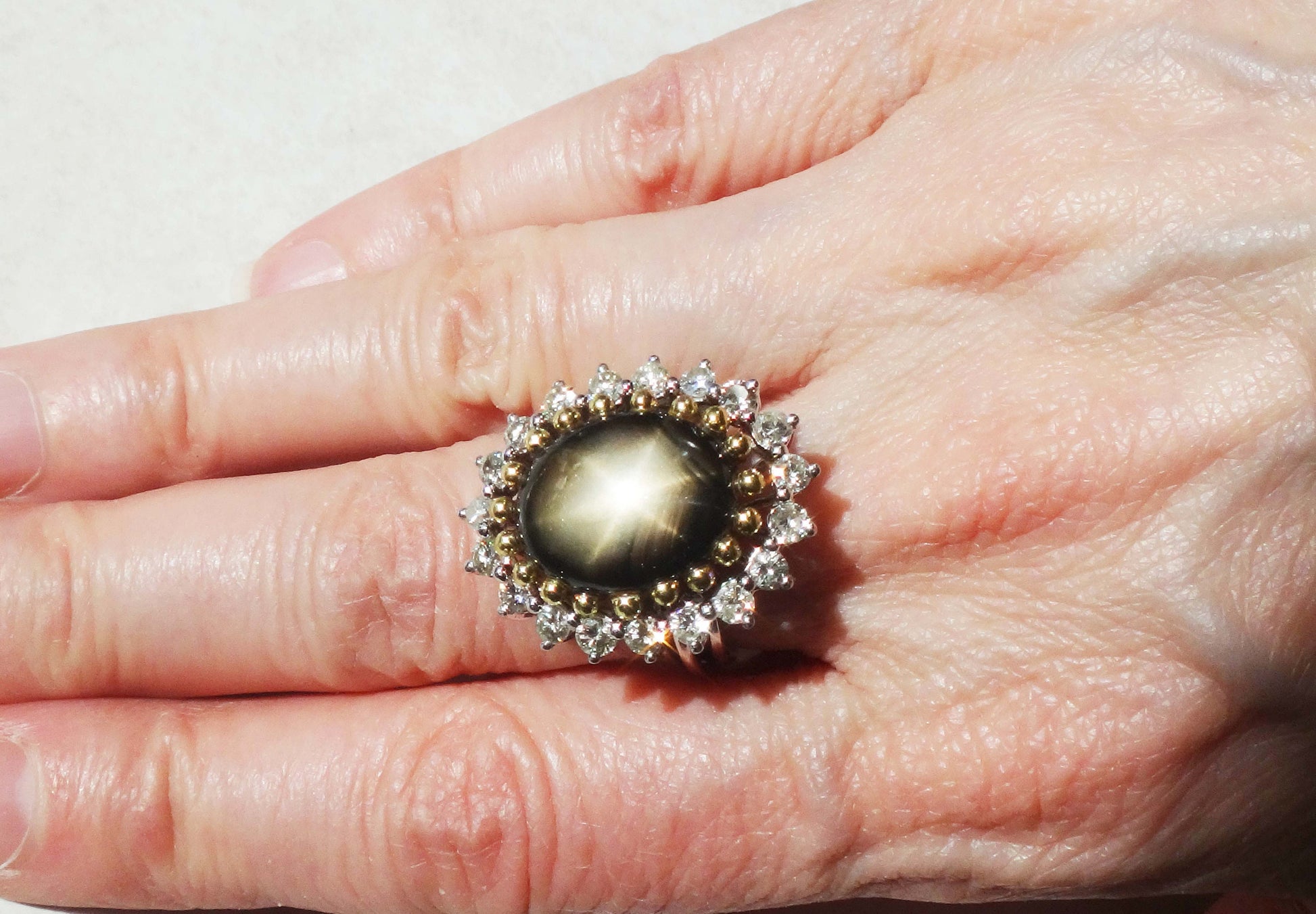 Vintage Black Star Sapphire Ring: Diamond Halo, 14k Two-Tone Gold, Size 5.25