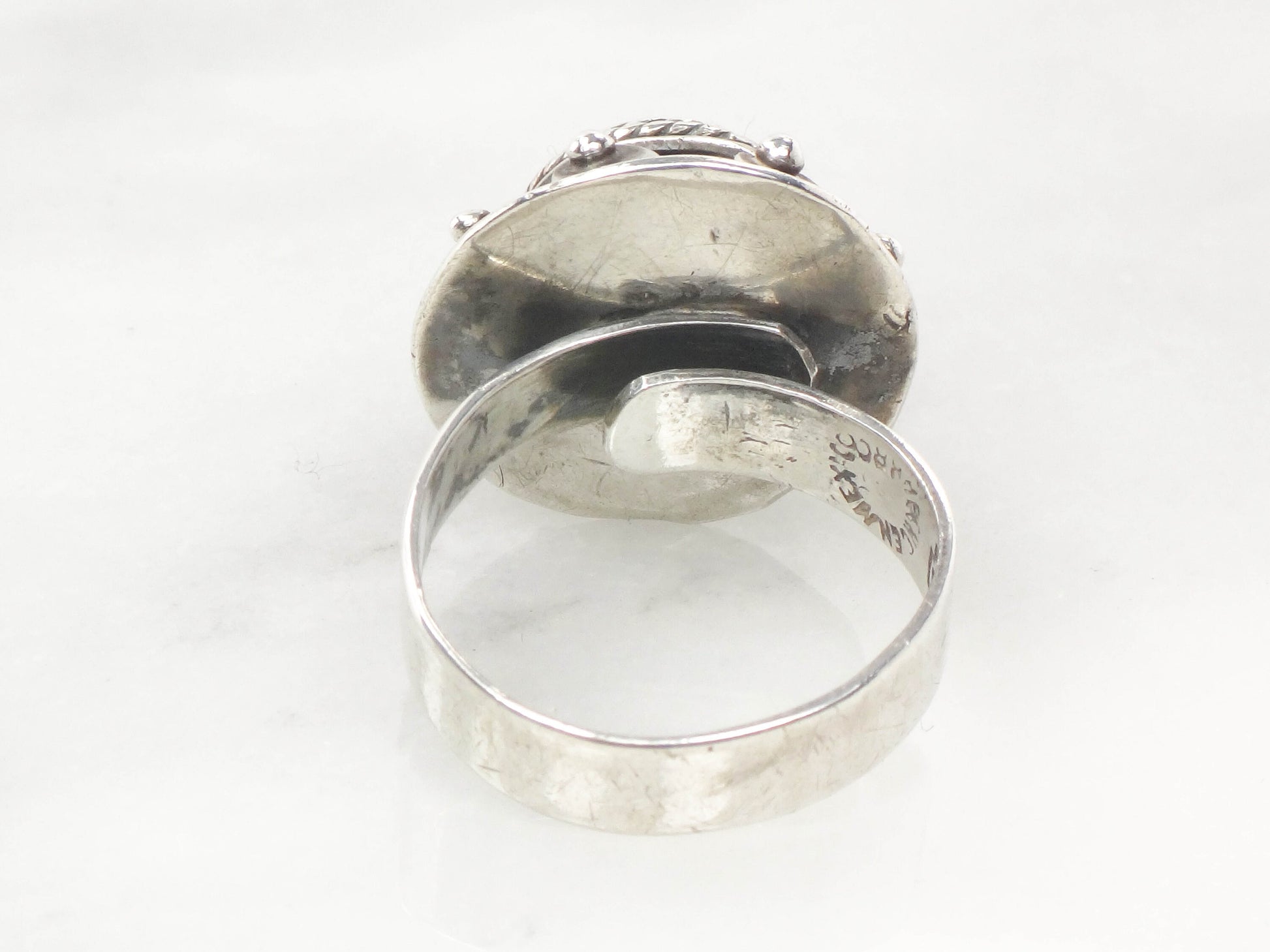 Vintage Sterling Silver Onyx Ring - Mexico Eagle Mark Black Stone Poison Ring - Adjustable Size