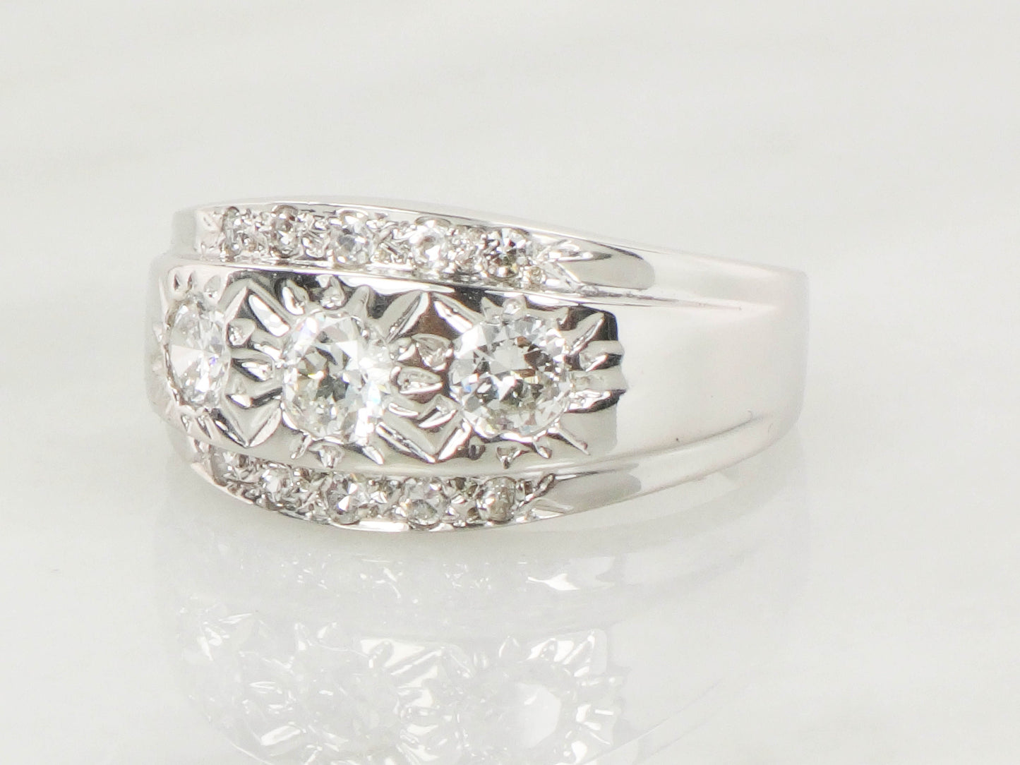 Vintage 14k White Gold Diamond Sunburst Band Ring - Over 1 Carat, Size 11