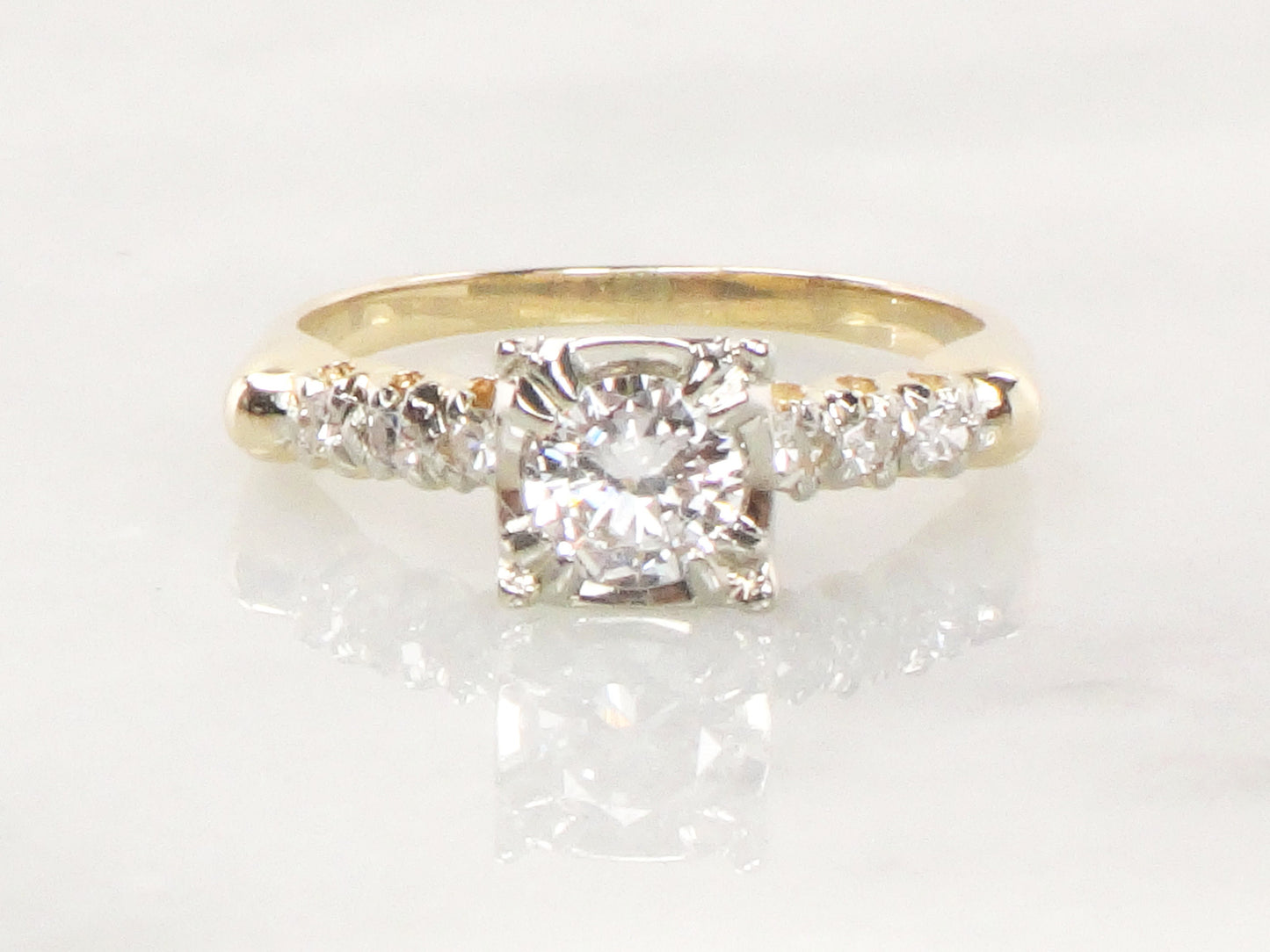 Vintage 14k Gold Diamond Engagement Ring: Transitional European Cut, Size 6.5