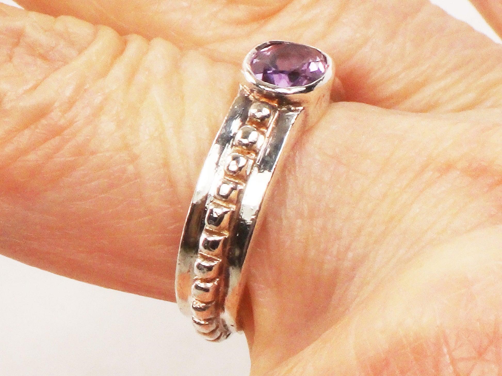 Vintage Sterling Silver Amethyst Ring - Sideways Oval Stone, Size 6