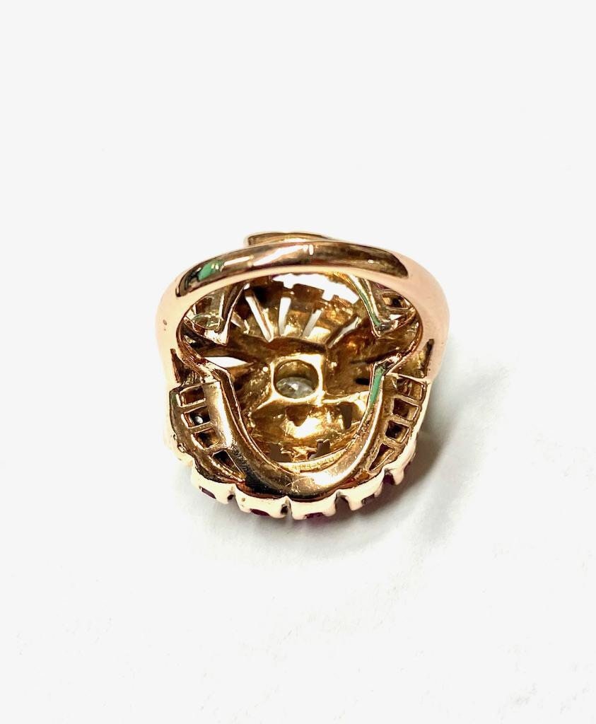 Vintage 14k Rose Gold Diamond & Ruby Bow Ring - 1940s Retro Statement Ring