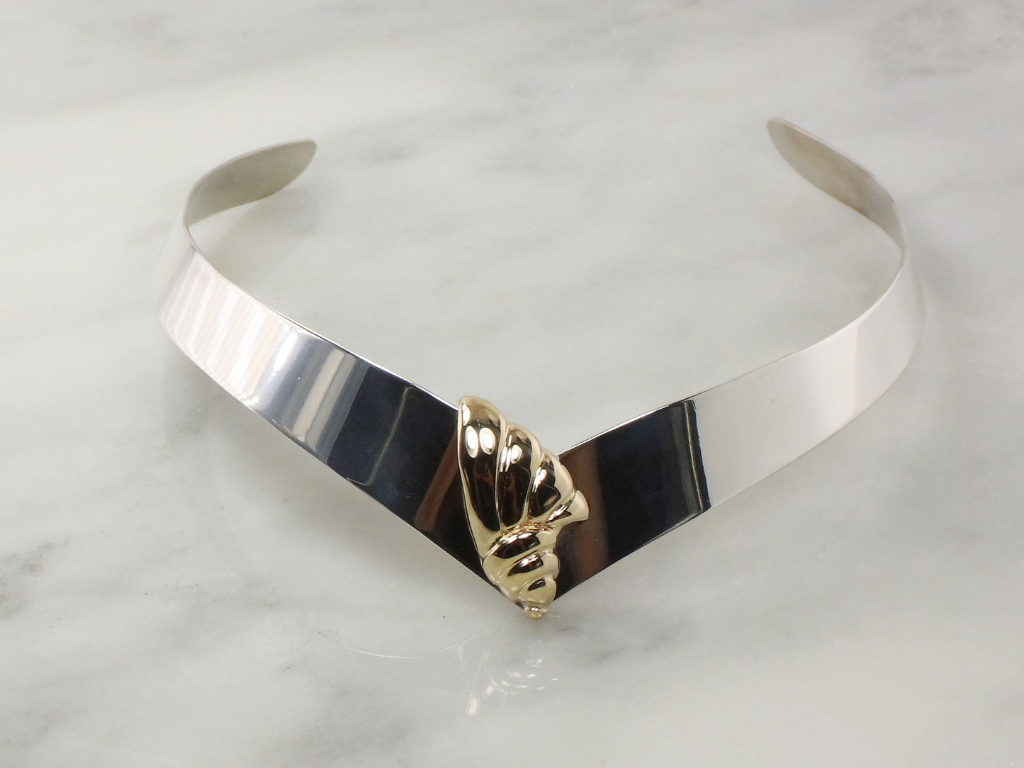 Vintage Sterling Silver 14k Gold Shell Collar Necklace