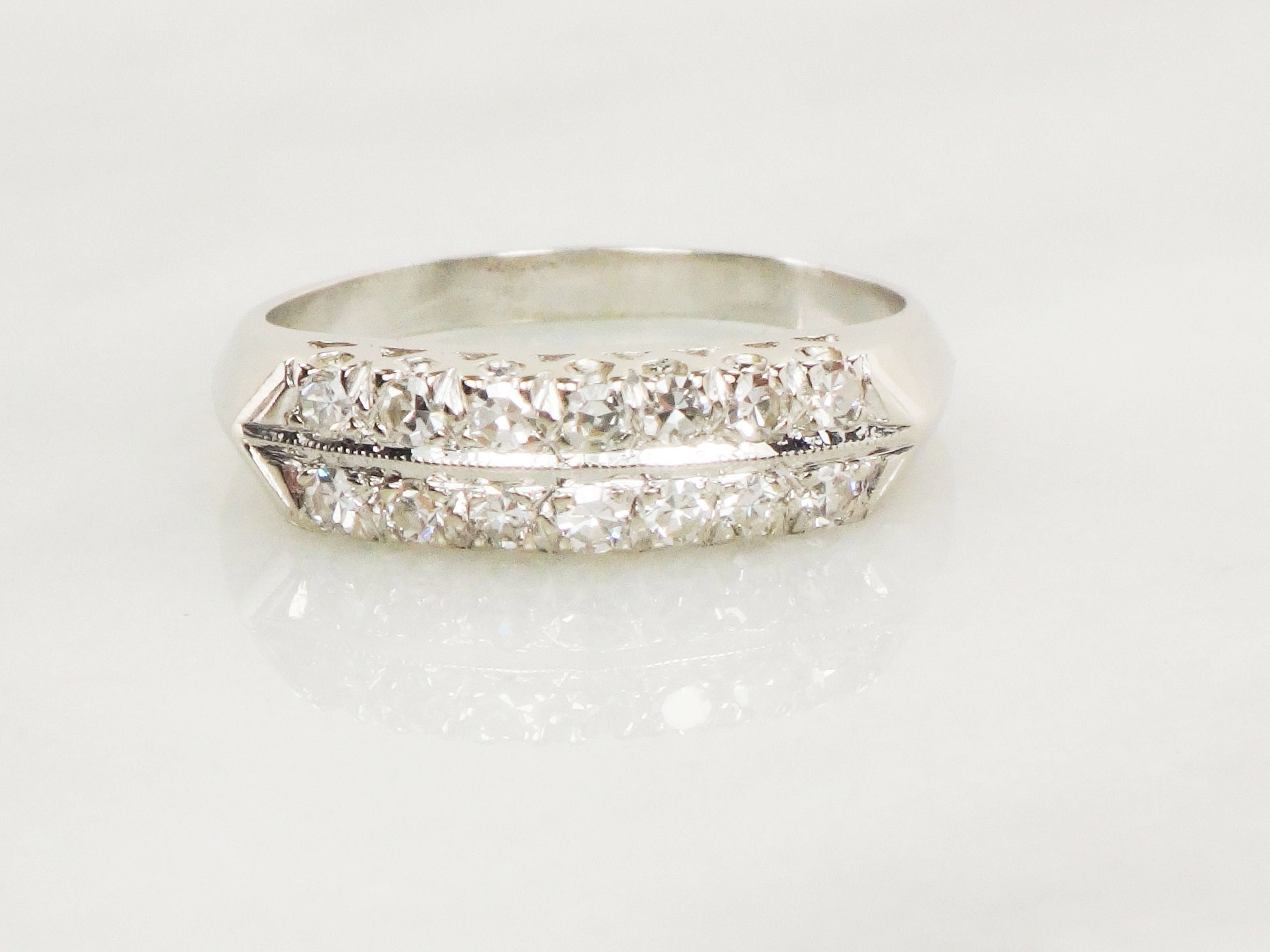 Vintage 14k White Gold Diamond Wedding Band: Double Row Ring, Size 7.75
