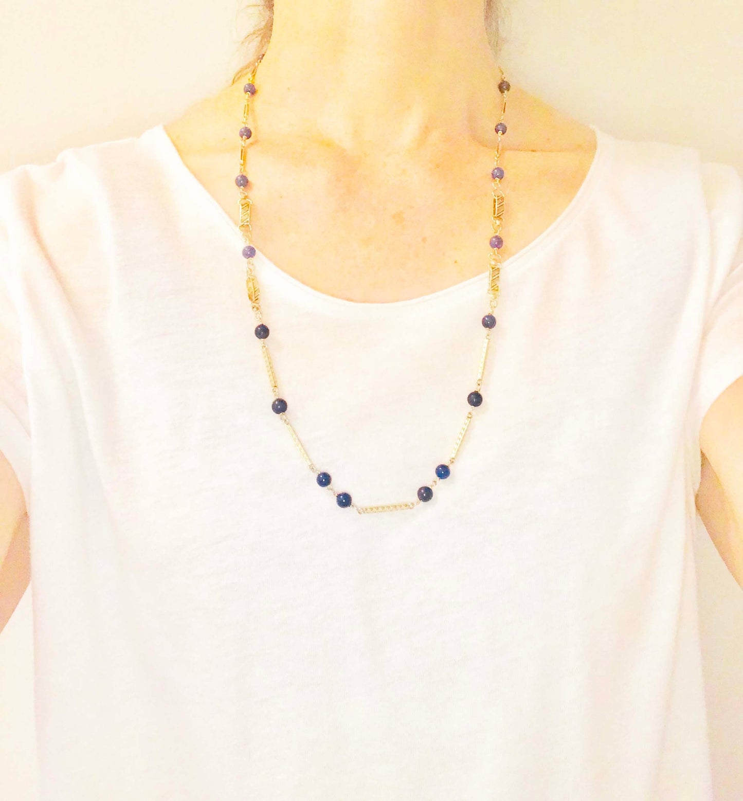Vintage 14k Yellow Gold Lapis Lazuli Station Necklace - 26.75"