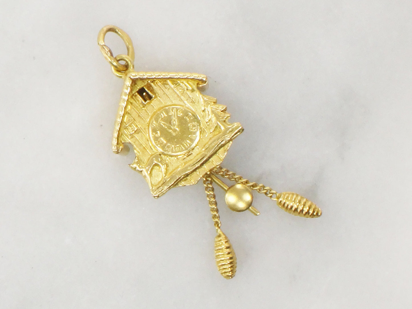 Vintage 18k Gold Cuckoo Clock Charm Pendant: Moving Pendulum, Bavaria Souvenir