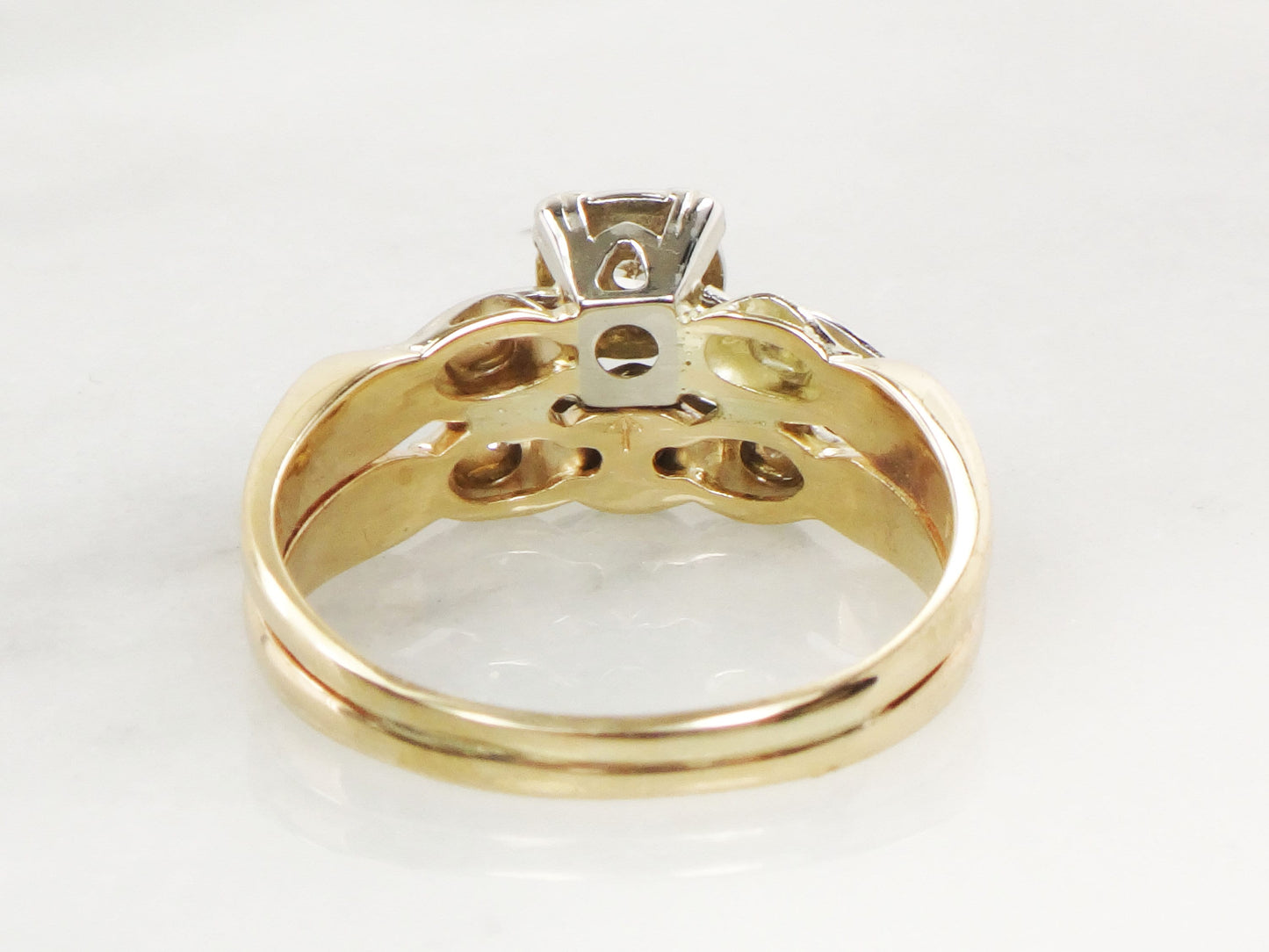 Vintage Diamond Engagement Ring Set: Attached 14k Gold Wedding Band, Size 8.25
