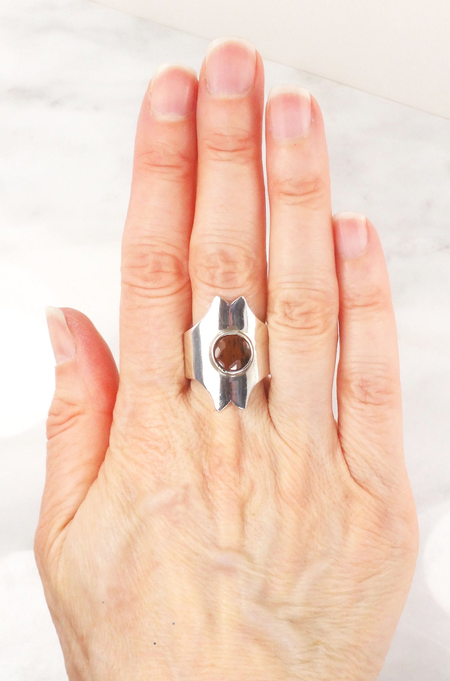 Modernist 950 Silver Ring: Brown Stone Wide Band, Size 9 1/2