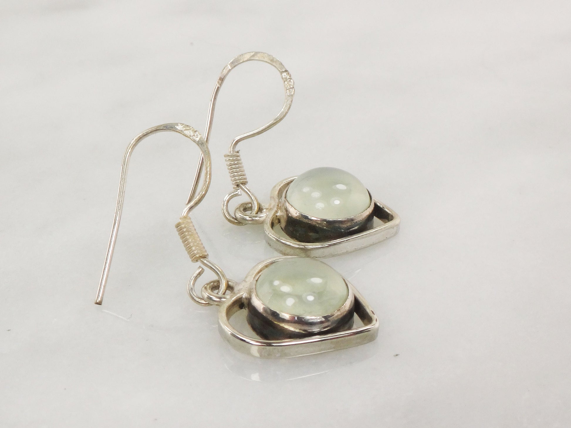 Vintage Sterling Silver Heart Earrings with Gray Glass Cabochons
