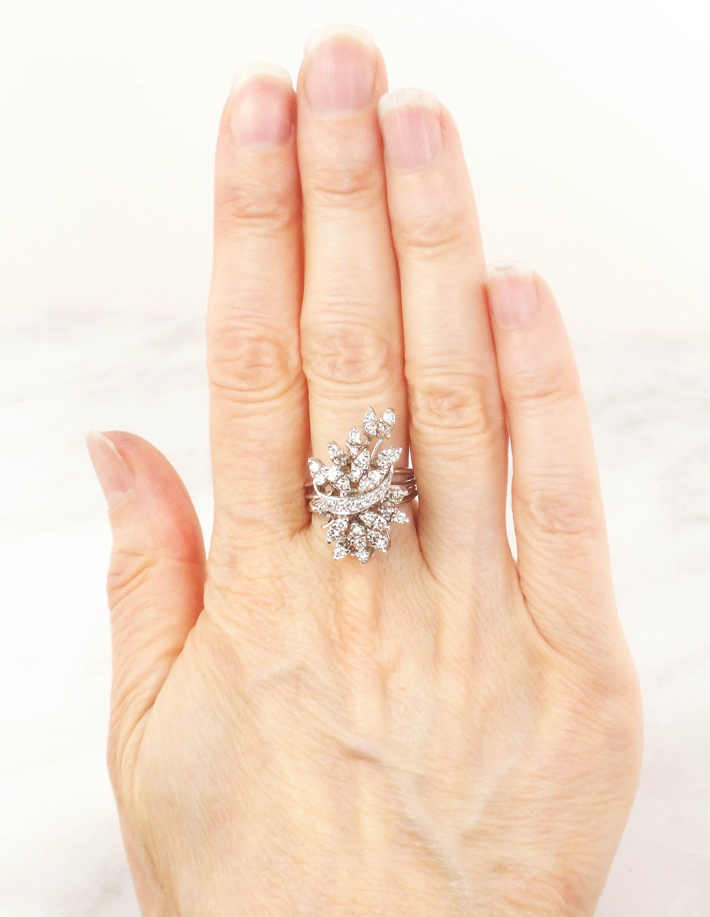 Vintage 14k White Gold Diamond Floral Ring: 1 CT TDW Cocktail Ring, Size 6.75