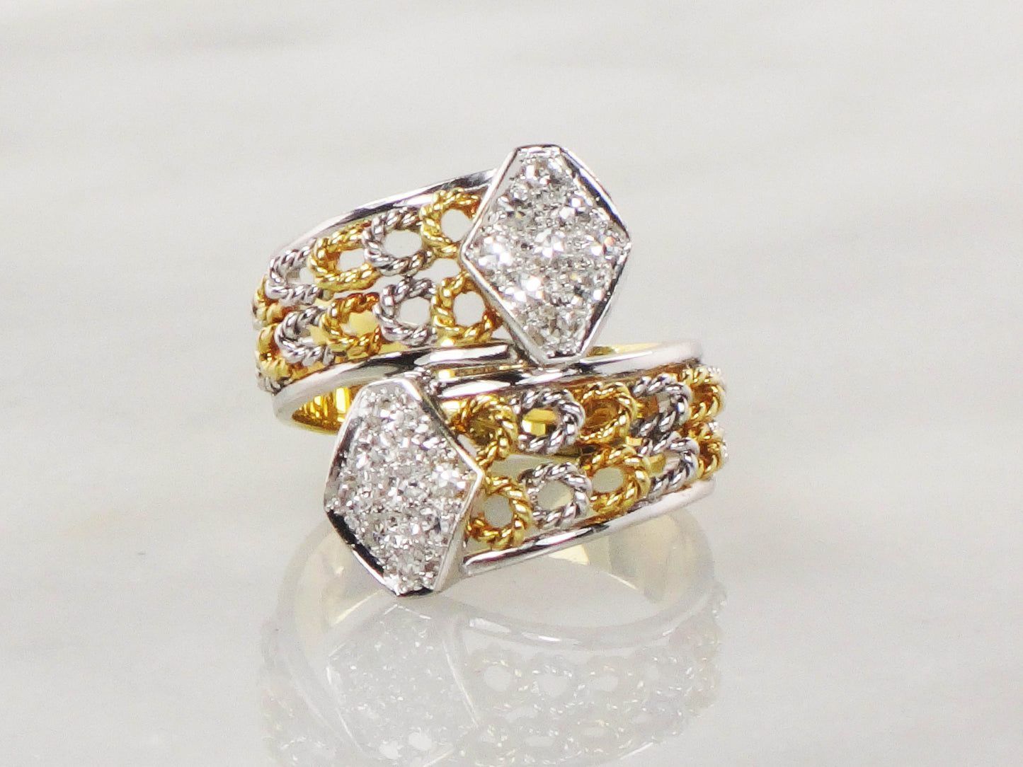 Vintage 18k Two Tone Gold Diamond Ring: Wide Band, Size 6.5