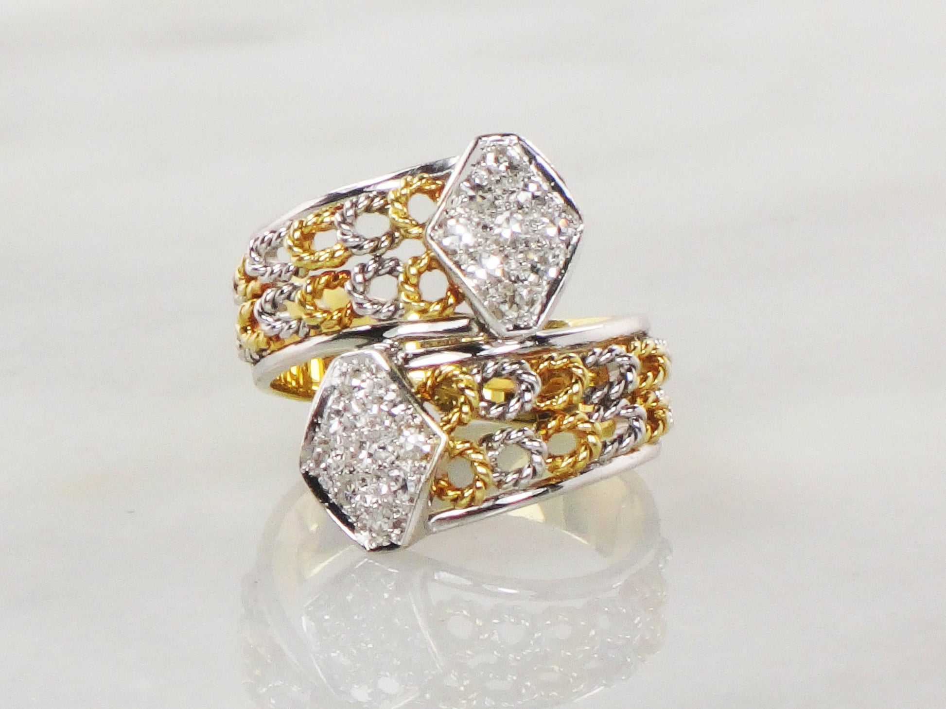 Vintage 18k Two Tone Gold Diamond Ring: Wide Band, Size 6.5