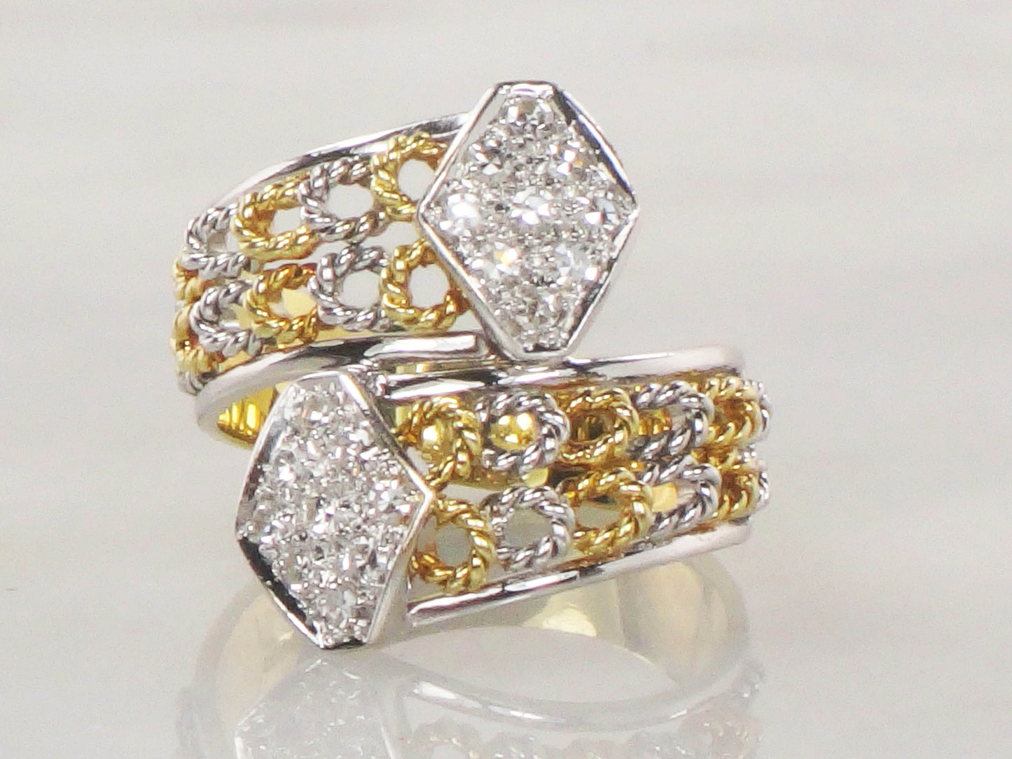 Vintage 18k Two Tone Gold Diamond Ring: Wide Band, Size 6.5