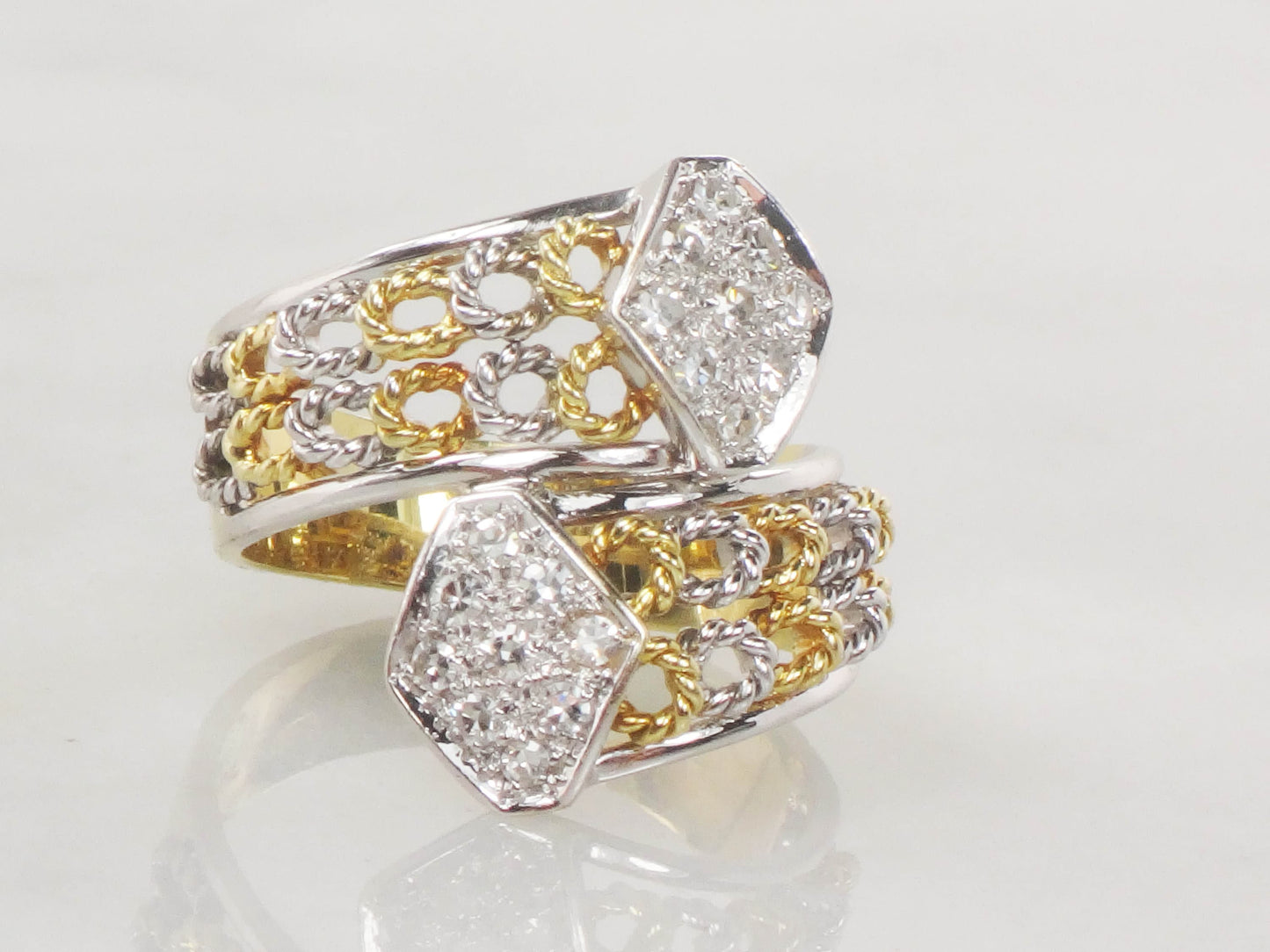 Vintage 18k Two Tone Gold Diamond Ring: Wide Band, Size 6.5