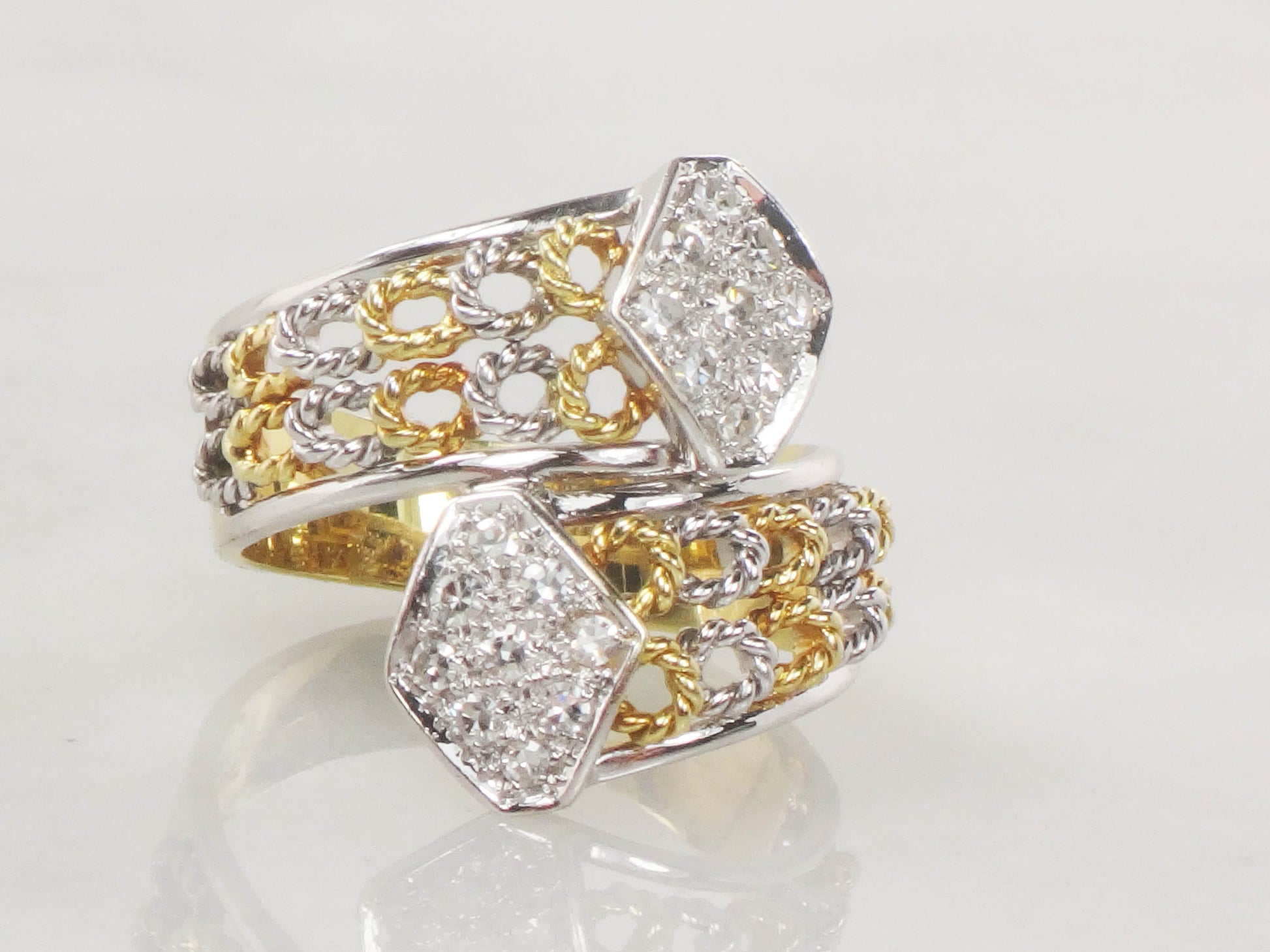 Vintage 18k Two Tone Gold Diamond Ring: Wide Band, Size 6.5