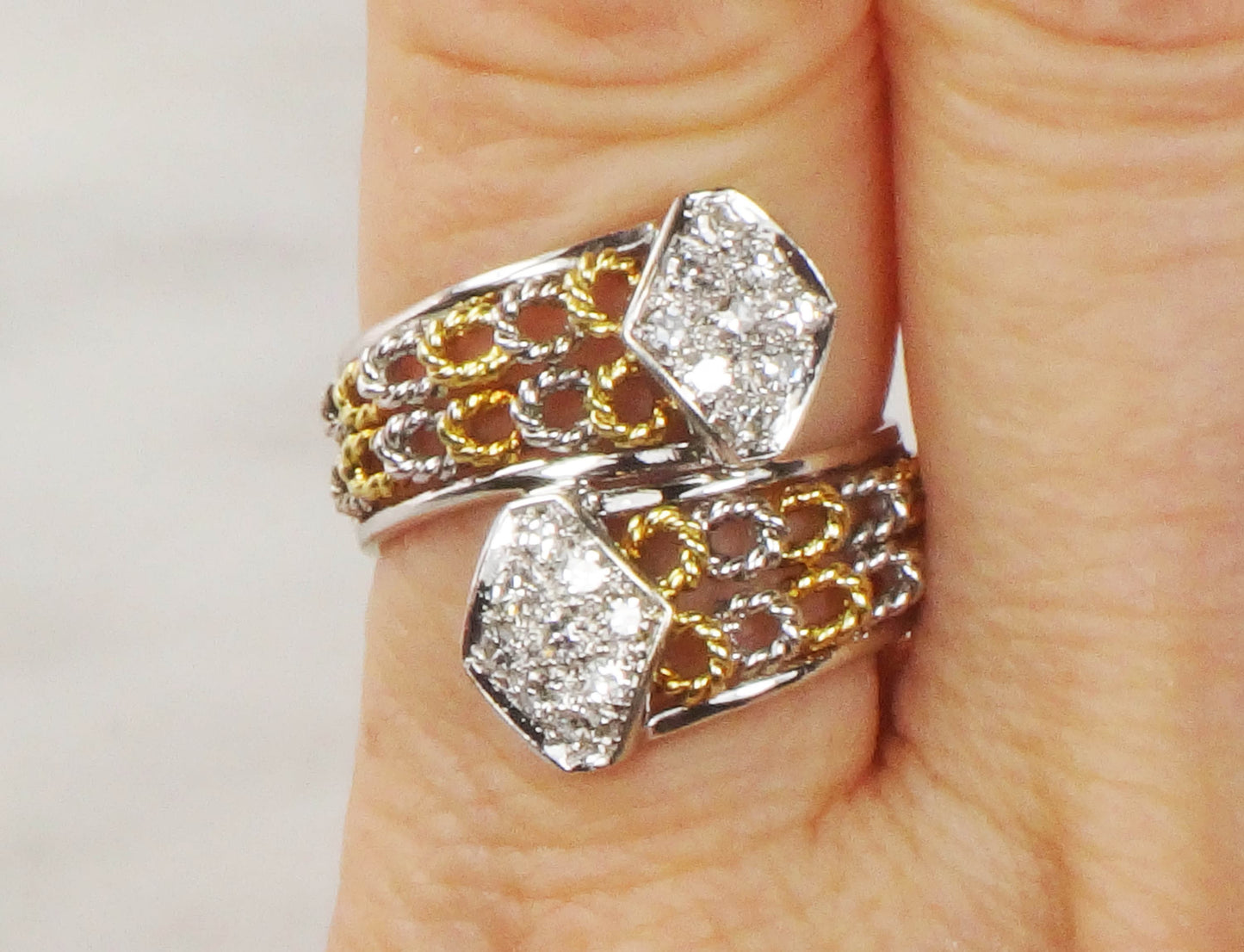 Vintage 18k Two Tone Gold Diamond Ring: Wide Band, Size 6.5