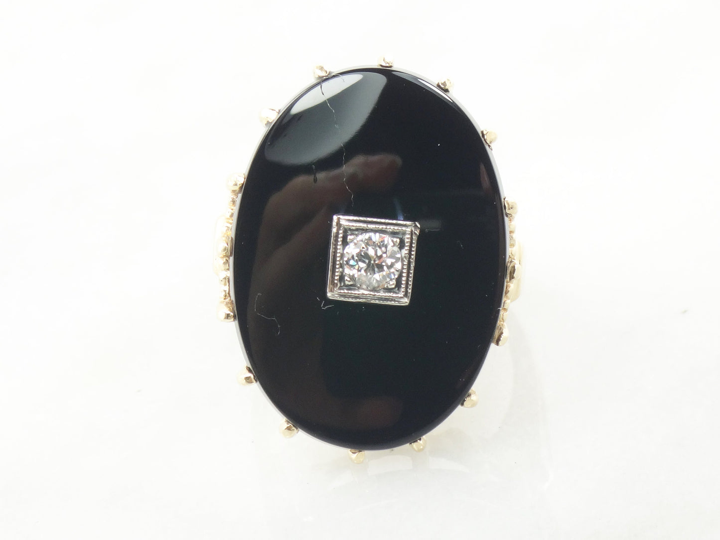 Vintage Art Deco 14k Gold Onyx Diamond Ring: .20 CT European Cut, Size 8.75