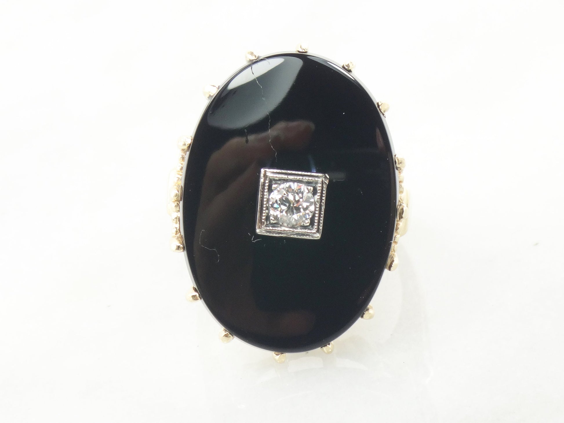 Vintage Art Deco 14k Gold Onyx Diamond Ring: .20 CT European Cut, Size 8.75