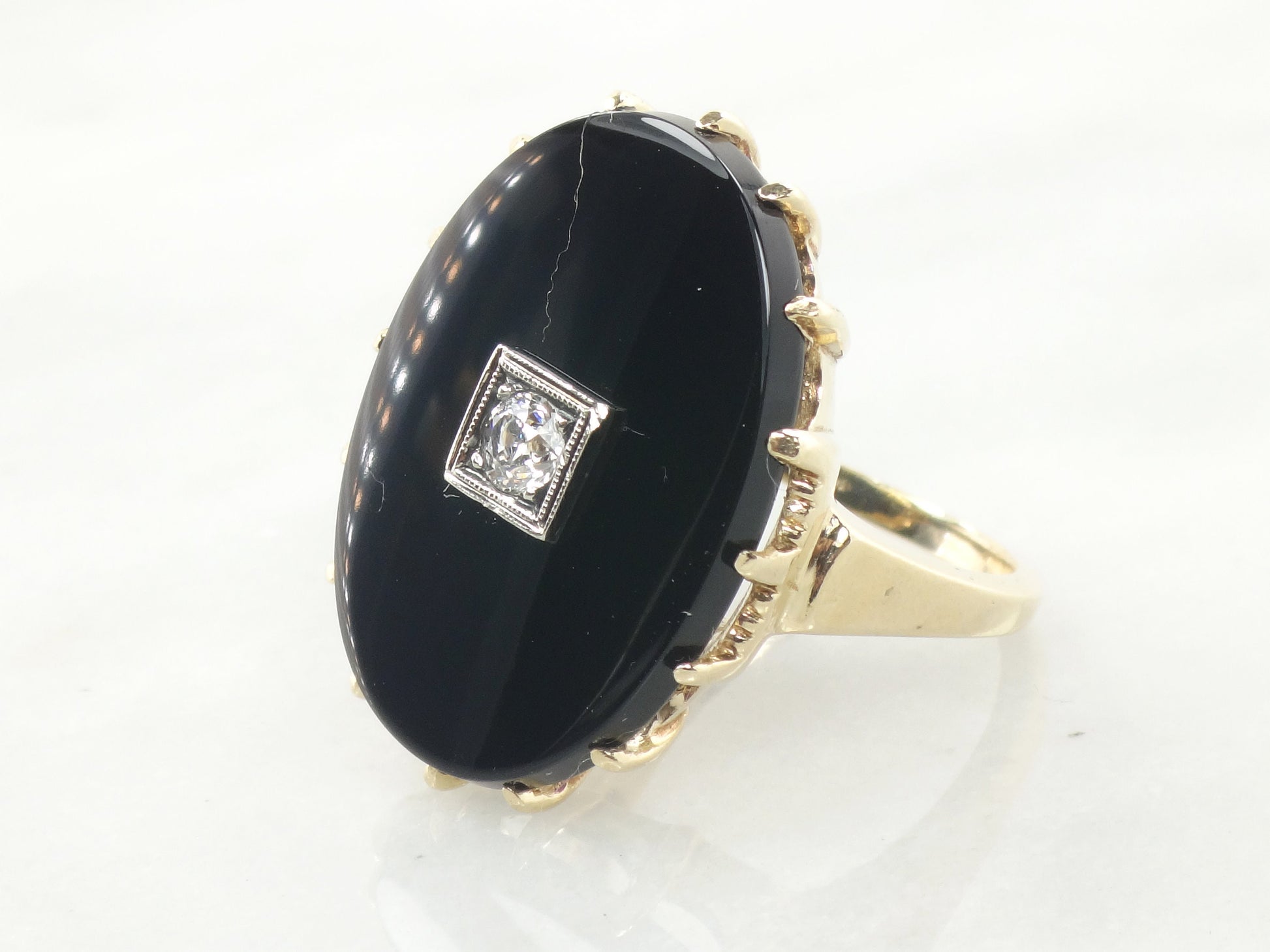 Vintage Art Deco 14k Gold Onyx Diamond Ring: .20 CT European Cut, Size 8.75