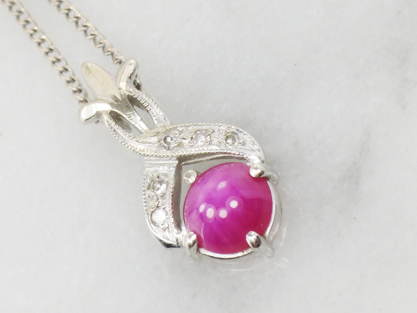 Vintage 14k White Gold Star Ruby and Diamond Pendant Necklace, Red July Birthstone, 15.25"