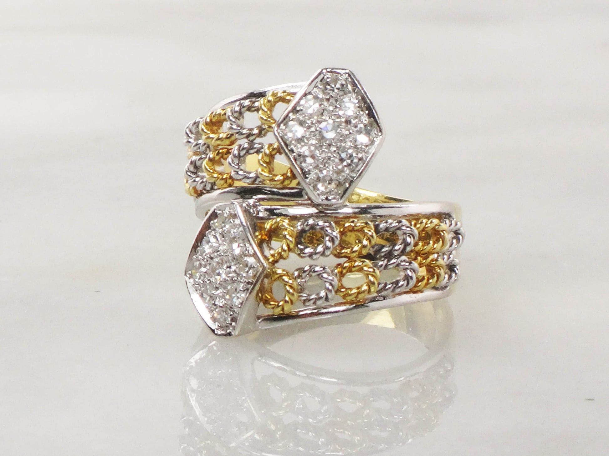 Vintage 18k Two Tone Gold Diamond Ring: Wide Band, Size 6.5