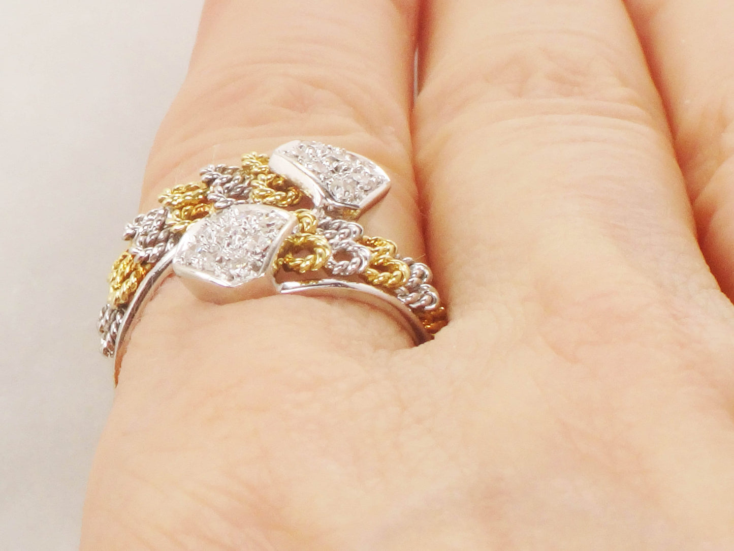 Vintage 18k Two Tone Gold Diamond Ring: Wide Band, Size 6.5