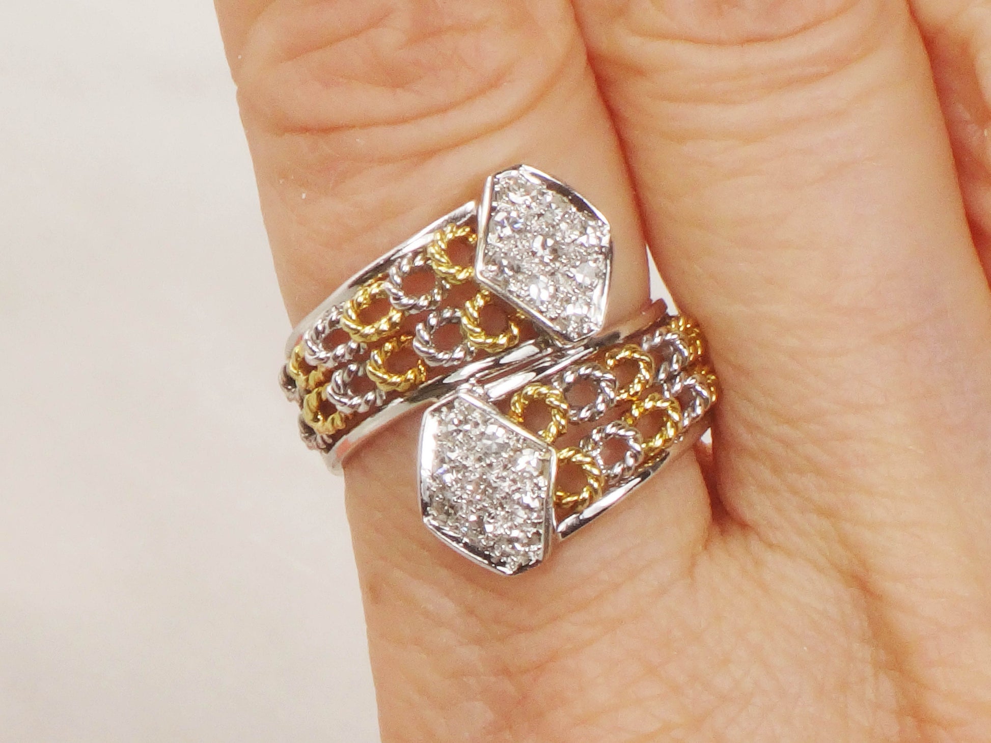 Vintage 18k Two Tone Gold Diamond Ring: Wide Band, Size 6.5