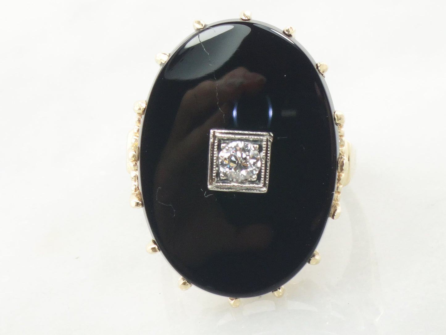 Vintage Art Deco 14k Gold Onyx Diamond Ring: .20 CT European Cut, Size 8.75