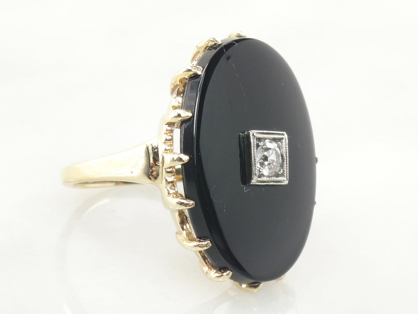 Vintage Art Deco 14k Gold Onyx Diamond Ring: .20 CT European Cut, Size 8.75
