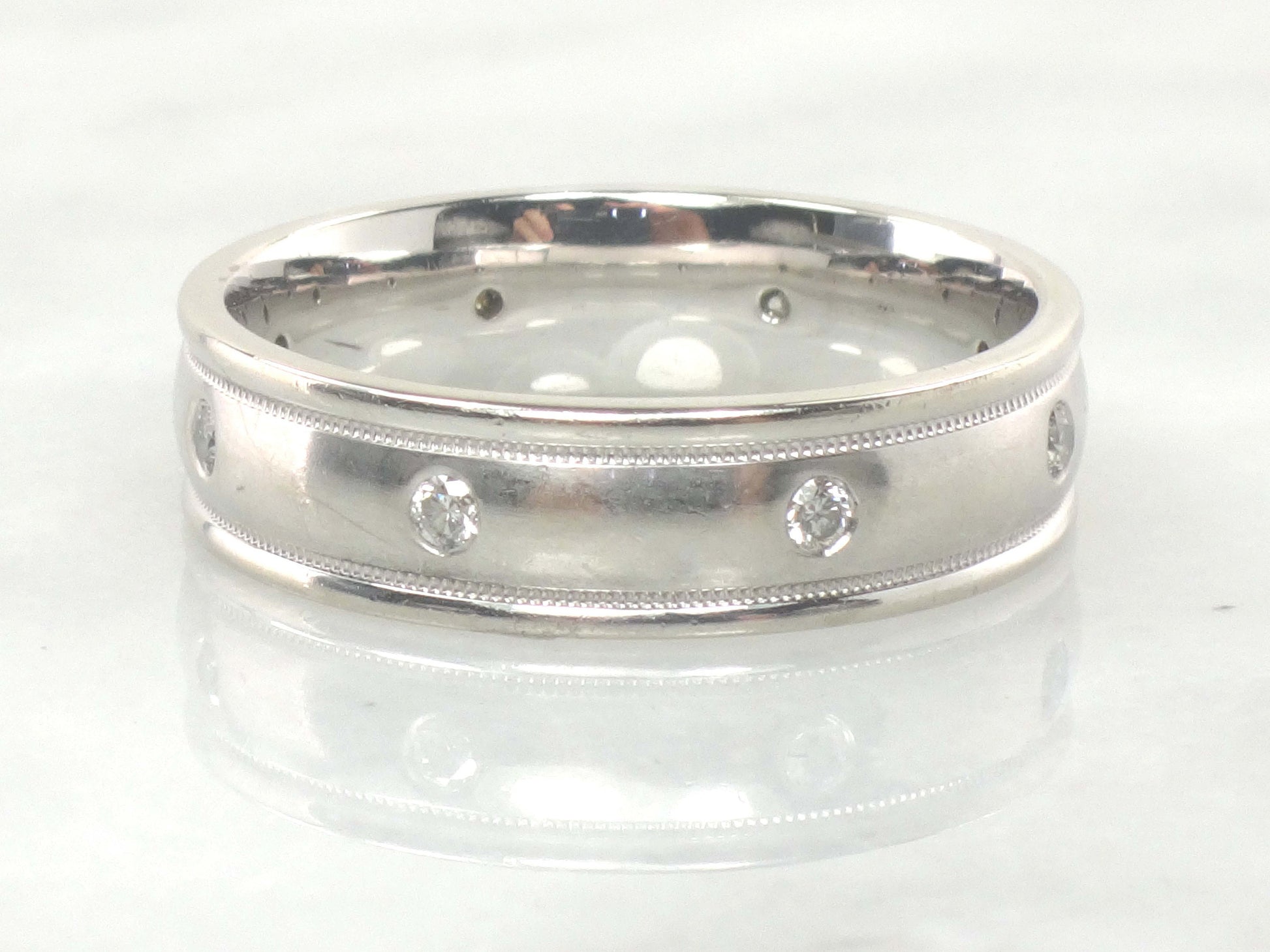 Vintage Art Carved 14k White Gold Diamond Wedding Band, Size 12.5