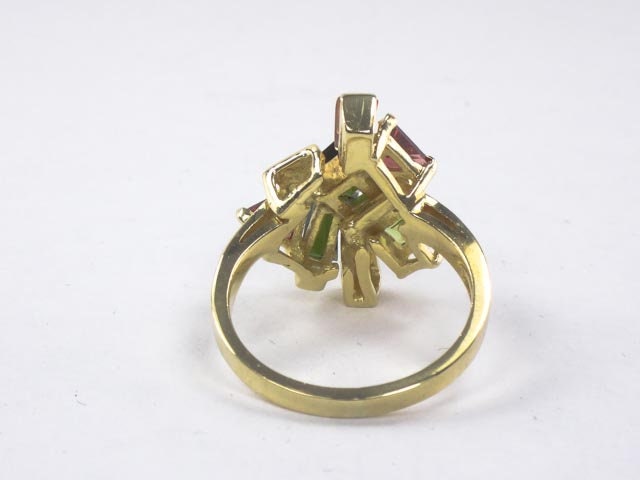 Vintage 18k Gold Multi-Gemstone Cluster Ring: Italian Tourmaline Citrine Peridot, Size 7