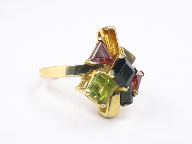 Vintage 18k Gold Multi-Gemstone Cluster Ring: Italian Tourmaline Citrine Peridot, Size 7