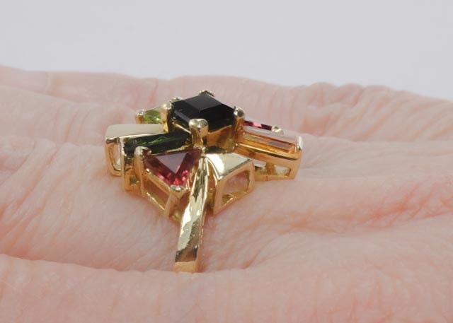 Vintage 18k Gold Multi-Gemstone Cluster Ring: Italian Tourmaline Citrine Peridot, Size 7